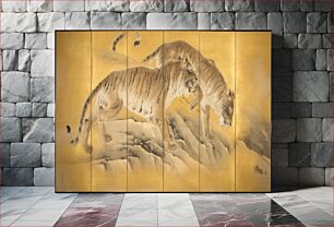 Πίνακας, 2 tigers descending down rocky hill; gold ground; inscription and seal, LLC