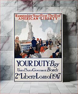 Πίνακας, A 1917 poster advertising US Government bonds. The poster depicts immigrants on a ship, sailing past the Statue of Liberty