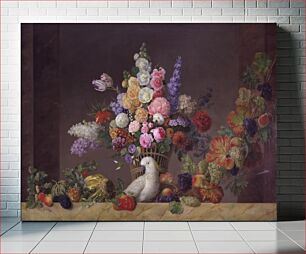 Πίνακας, A basket of flowers, a cockatoo and a fruit vine by by Johannes Ludvig Camradt