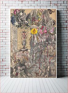 Πίνακας, A Blood Collage: a collage comprised of black and white and colored prints of flowers and religious imagery, including Muslims at prayer at the lower right (ca