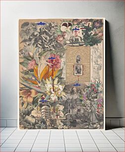 Πίνακας, A Blood Collage: a collage comprised of black and white and colored prints of flowers and religious imagery, including the Hindu god Varaha at the lower right (ca