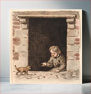 Πίνακας, A boy sitting in a cellar door beckons a puppy. by P. C. Skovgaard