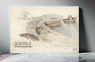 Πίνακας, A Canopied Boat and Two Rowing Boats at a Jetty; Inset Left, a Pencil Study of the Tintern Livestock Ferry-boat