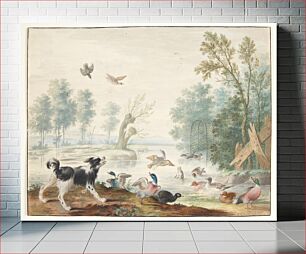 Πίνακας, A dog and ducks by the lake by Johannes van Bronckhorst
