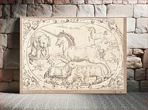 Πίνακας, A goat and a lamb before an elephant and two unicorns by Mathias Beytler