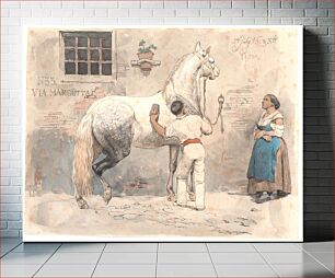 Πίνακας, A gray moldy horse is being groomed in Via Margutta by Johan Thomas Lundbye