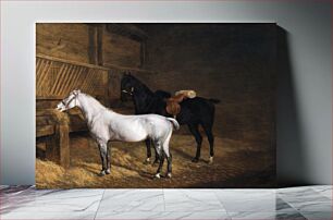 Πίνακας, A Grey Pony and a Black Charger in a Stable (1804) by Jacques–Laurent Agasse