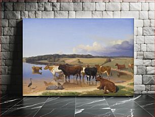 Πίνακας, A herd of cattle has sought coolness in a lake on a hot summer day by Jørgen Valentin Sonne