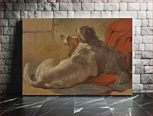 Πίνακας, A Hound and a Bearded Collie seated on a Hunting Coat
