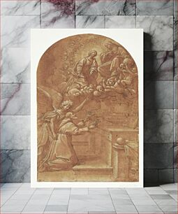 Πίνακας, A kneeling Franciscan (Frans of Assisi?), supported by an angel, holds out flowers with both hands towards the enthroned Christ, who appears supported by angels and with Mary interceding at his side by Leonello