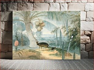 Πίνακας, A Landscape in Ceylon, With Barking Deer and Fawn and a Pair of Paradise Fly-Catchers (1808-1811) vintage illustration by Samuel Daniell