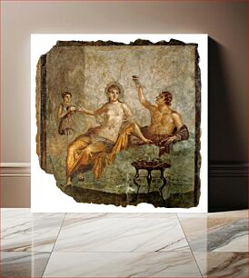 Πίνακας, A late Roman-Republican banquet scene in a fresco from Herculaneum, Italy. 59 x 53 cm. The woman wears a transparent silk gown while the man to the left raises a rhyton drinking vessel