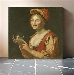 Πίνακας, A laughing girl displaying a small image of a nude woman seen from behind by Gerard Van Honthorst