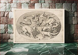 Πίνακας, A lion, dragon and fox fighting each other, an inscribed banderole above, an oval composition