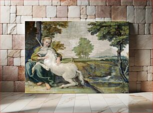Πίνακας, A pastoral landscape with a woman holding a mythical creature
