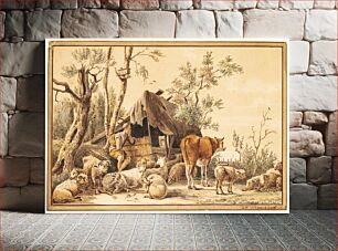 Πίνακας, A shepherd with his flock by a shed by Hendrik Willem Schweickhardt