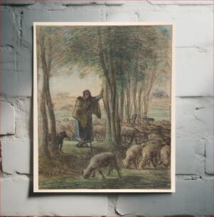 Πίνακας, A Shepherdess and Her Flock in the Shade of Trees by Jean-François Millet