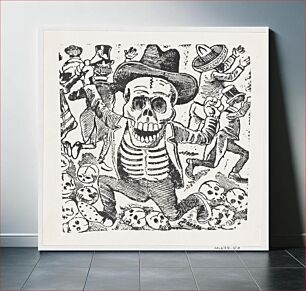 Πίνακας, A skeleton holding a bone and leaping over a pile of skulls while people flee, from a broadside entitled 'Las bravisimas calaveras Guatemaltecas'