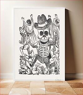 Πίνακας, A skeleton holding a knife leaping over a pile of skulls, people flee in the background, from a broadside entitled 'Las bravisimas calaveras Guatemaltecas'