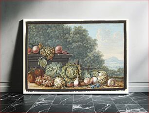 Πίνακας, A still life with vegetables and fruits.In the background a view of a southern mountain landscape by Johann Christoph Dietzsch