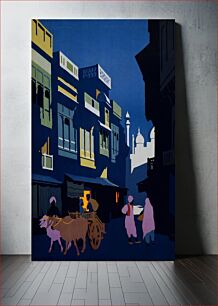 Πίνακας, A street by moonlight. Visit India. Apply: India State Railways Bureau. 38 East 57th Street, New York. Travel Poster shows a moonlit street scene with ox cart by Henry George Gawthorn