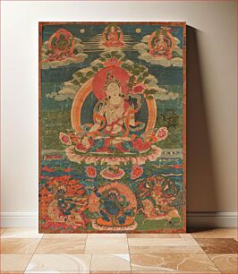 Πίνακας, A thanka, pigments on fabric; Tara, goddess of mercy, holds in her left hand a lotus blossom; her right hand expresses gesture of 'varada mudra' (compassion); Upper right corner is Padmasambhava with Karmavajra