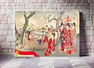 Πίνακας, A triptych in the ukiyo-e style depicting a Hanami (flower-viewing party) in the Ōoku (harem) of the Edo Castle at Chiyoda