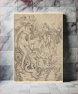 Πίνακας, A triton family in the sea, with a mother and child seated on the back of a half-man, half-sea monster with a child blowing on a conch shell on his shoulders by Giovanni Battista Palumba