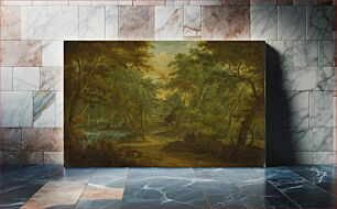 Πίνακας, A Wooded Landscape with a Stream and a Fisherman