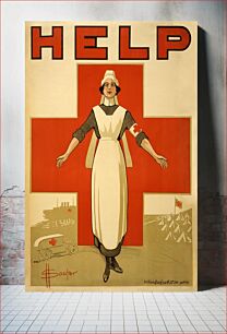 Πίνακας, A WWI poster showing a nurse, with her arms outstretched, standing before a large red cross; in background a Red Cross hospital ship, ambulance and field hospital