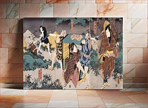 Πίνακας, Act V of series The Storehouse of Loyal Retainers, a Primer, with the characters Hayano Kanpei (Shigenji), his wife Okaru, Onosada Kurō and Farmer Yoichibei by Utagawa Kunisada