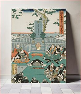 Πίνακας, Act XI, End: The Rōnin Paying Homage to the Tomb of Enya at the Temple Sengakuji, Having Brought the Head of Moronao as an offering. by Utagawa Kunisada