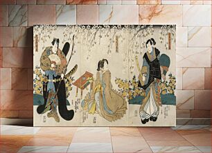 Πίνακας, Actors in the Roles of Shimada Shigesaburō, Kugyō ama jitsuwa Takao and Sakingo Yorikane under Cherry Blossoms by Utagawa Kunisada