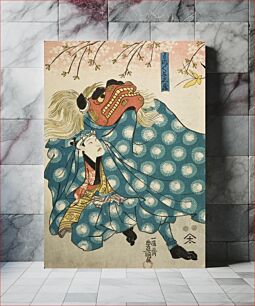 Πίνακας, Actors Iwai Kumesaburō III as Nakai no Okume, Onoe Kikujirō II as Daikagura Hananojō, Bandō Takesaburō I as Kokura-an Chōkichi, and Ichikawa Kodanji IV as Moremore Yoshizō in the Play Iro Ichiza Tegoto no Fukubi