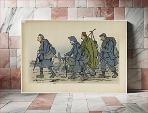 Πίνακας, Adrien Barrère. "Groupe de soldats en marche". Lithographie couleur. 1917. Paris, musée Carnavalet