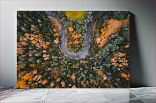 Πίνακας, Aerial View of Autumn Forest and River Εναέρια άποψη του φθινοπωρινού δάσους και του ποταμού
