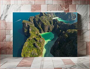 Πίνακας, Aerial View of Island with Emerald Lagoon Εναέρια άποψη του νησιού με τη σμαραγδένια λιμνοθάλασσα