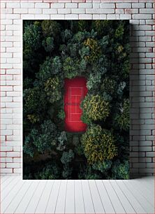 Πίνακας, Aerial View of Red Tennis Court Surrounded by Forest Εναέρια άποψη του κόκκινου γηπέδου τένις που περιβάλλεται από δάσος