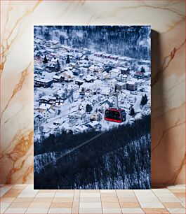 Πίνακας, Aerial View of Snowy Village with Cable Car Αεροφωτογραφία του Χιονισμένου Χωριού με Τελεφερίκ