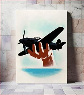 Πίνακας, Aeroplane in hand, with wrist emerging from sea horizon (1939-1946), vintage illustration by Reginald Mount