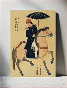 Πίνακας, Amerika by Utagawa Yoshikazu (1848-1863), a traditional Japanese illustration of a Japanese print showing an American soldier on horseback