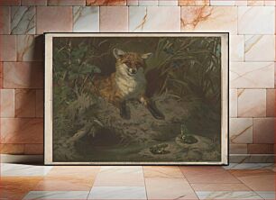 Πίνακας, [An image of a red fox, showing his teeth, with two frogs across the stream]