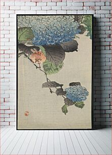 Πίνακας, Asian Framed Art - Blue Hydrangea and Bird