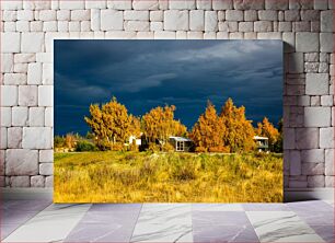 Πίνακας, Autumn Trees and Houses Under Dark Sky Φθινοπωρινά δέντρα και σπίτια κάτω από τον σκοτεινό ουρανό