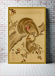 Πίνακας, Baby monkey and mother, vintage Japanese animal painting by G.A. Audsley-Japanese illustration