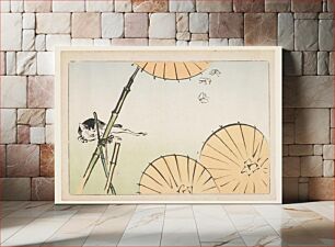 Πίνακας, (Bamboo, umbrellas, a cat and butterflies)