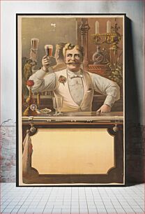 Πίνακας, [Bartender standing behind a bar, holding up a glass of beer in his right hand]
