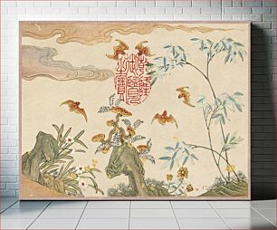 Πίνακας, Bats, rocks, flowers oval calligraphy (18th Century) by Zhang Ruoai