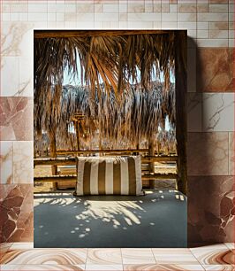 Πίνακας, Beachside Cabana with Striped Cushion Παραθαλάσσια καμπάνα με ριγέ μαξιλάρι