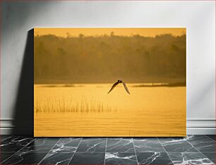 Πίνακας, Bird Flying Over Misty Lake at Sunrise Πουλί που πετά πάνω από τη λίμνη Misty στο Sunrise